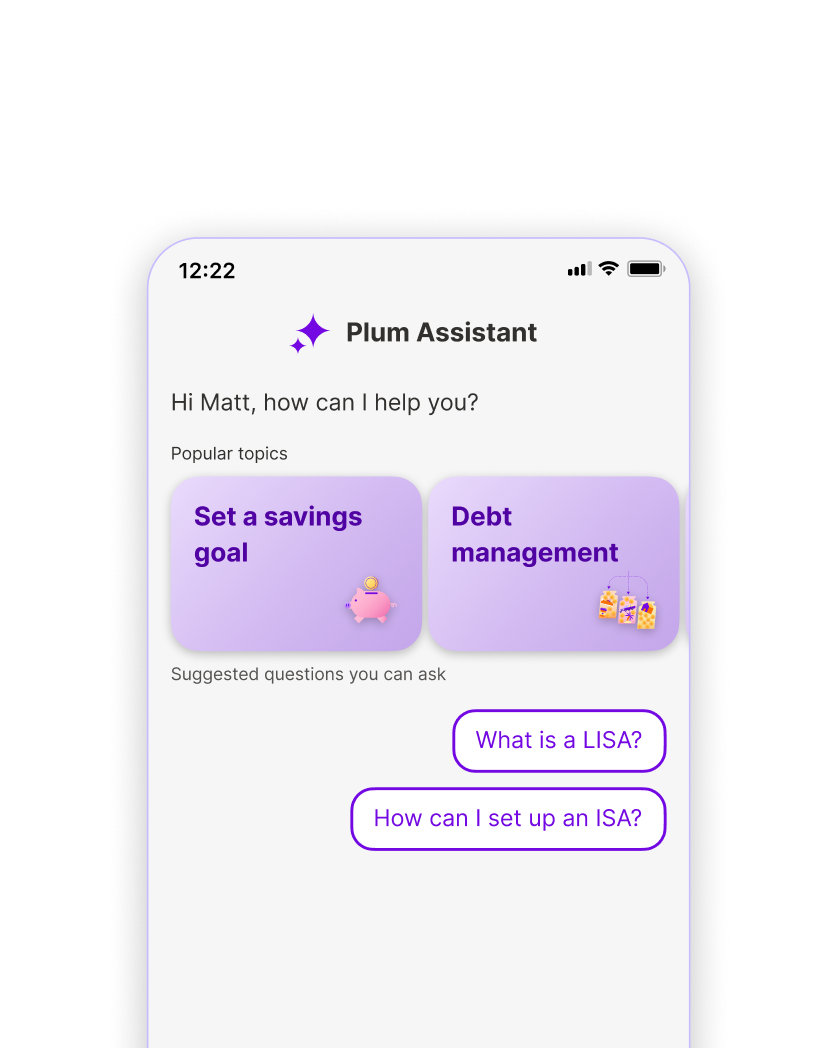 Combined pattern — topic cards and suggested questions on the assistant landing page